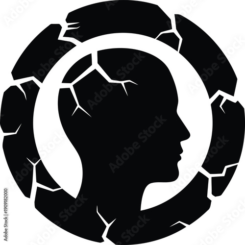 Silhouette of Human Head with Cracked Circle Symbolizing Mental Health Stress and Psychological Pressure