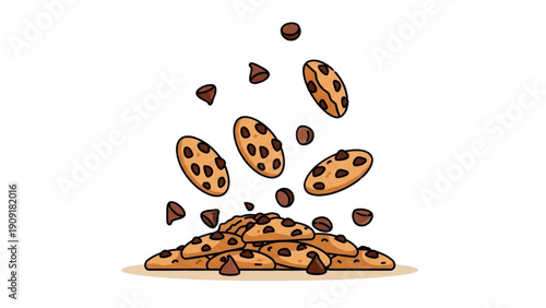 Cookies flying out of a pile of cookies, chocolate chip cookies, heap, snack, illustration