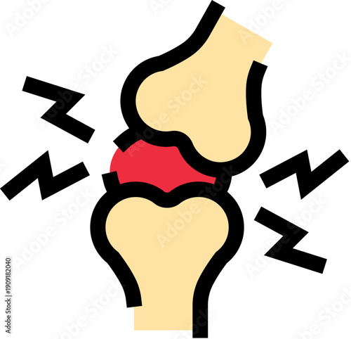 Human knee bones showing a painful articulation with red inflammation and radiating lightning bolt symbols, illustrating orthopedic issues like arthritis or rheumatism