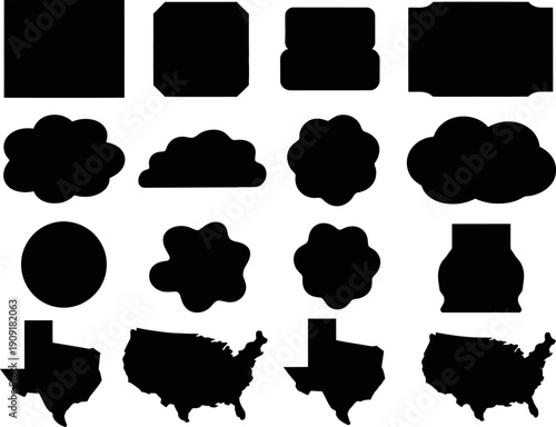 Collection of various black silhouette shapes and state outlines on a white background