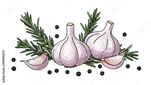 Freshly harvested garlic bulbs and cloves surrounded by rosemary and peppercorns in a rustic arrangement.