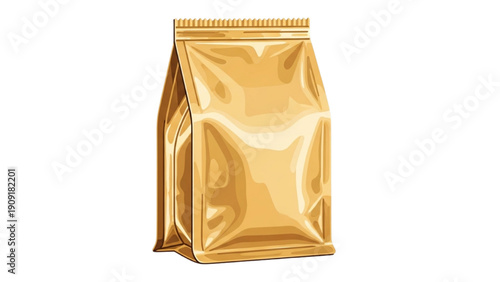 Shiny gold coffee packaging standing on a plain white surface viewed from the front