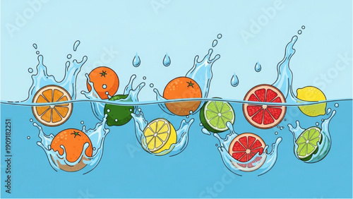 Fresh citrus fruits splashing into clear blue water from directly above viewpoint