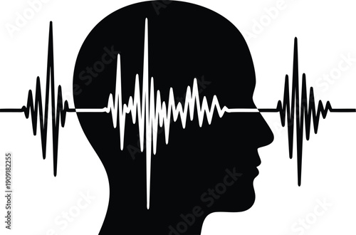 Human Head Silhouette with Sound Wave Brain Activity Concept, Audio Signal Mental Health Illustration