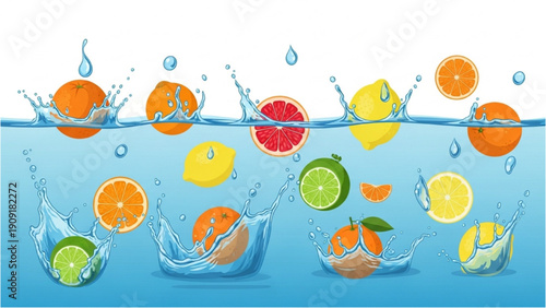 Fresh Fruits Splashing into Water with Citrus Slices and Juice Drops