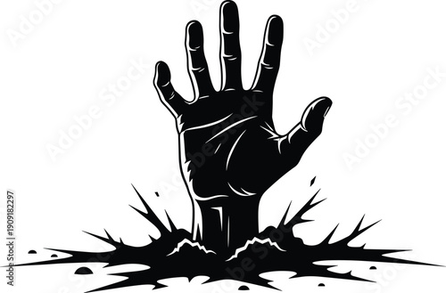 "Vector illustration of dramatic human hand emerging from cracked ground, bold black and white graphic art symbolizing struggle and resilience"