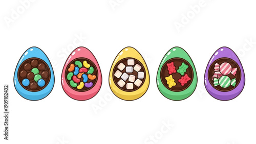 Assorted chocolate eggs with candies and sweets displayed in a row on a plain white background from a front viewpoint