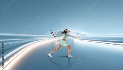 Fotografie Energetic artwork female tennis player sprinting into dynamic return
