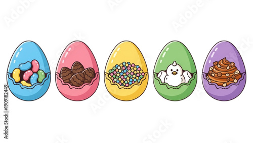 Colorful Easter eggs filled with candies and treats displayed on a white background from a front viewpoint.