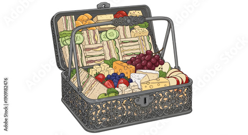 Delicious gourmet picnic basket filled with sandwiches and fresh fruit