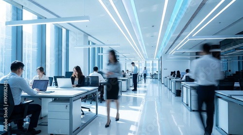 Busy professionals work at their desks and move with motion blur through a spacious, brightly lit, modern open-plan office interior.