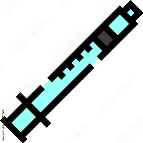 Pixel art syringe holding blue liquid, symbolizing vaccination, medication, and general healthcare concepts, providing a retro digital graphic for various medical themes