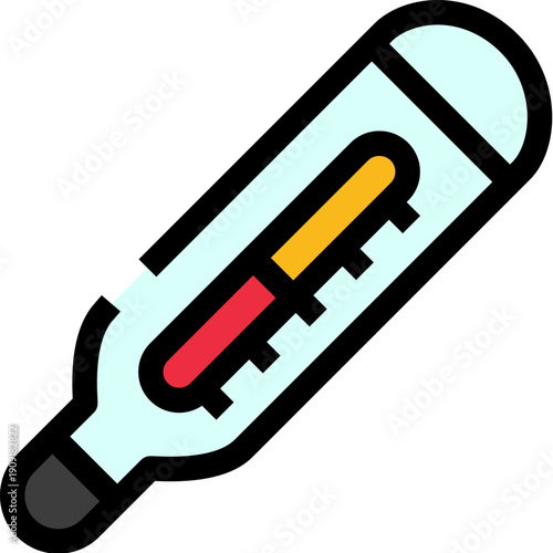 Medical thermometer with red orange high temperature indicator on white background, symbolizing fever, illness, infection risk and need for medical care, diagnosis, or monitoring