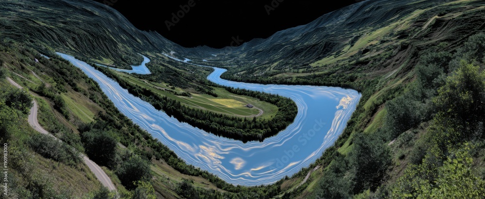 Fototapeta premium The river winds through the valley mirroring an unfolding journey.