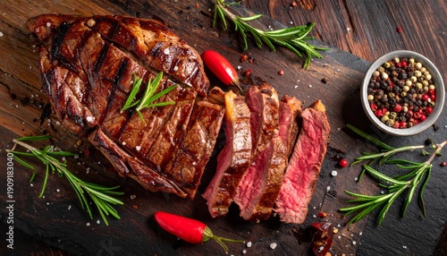 Gourmet raw beef steak and fresh vegetables seasoned with rosemary and pepper on a restaurant plate ready for a grilled meat dinner or barbecue meal