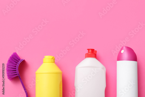 Set of cleaning supplies on...