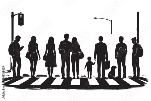 People waiting at crosswalk silhouette side view city street activity