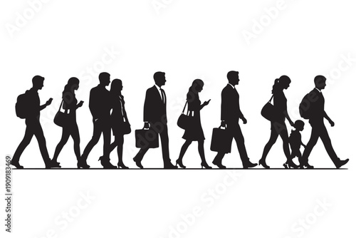 People walking silhouette side view urban daily life scene