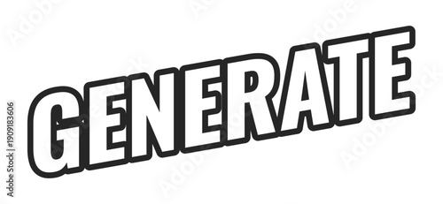 Generate web button in bold black outline. AI content generation function. Creativity output. Create ideas prompt. Minimal uppercase text. Angled letters with white fill. UI UX. Oswald font used