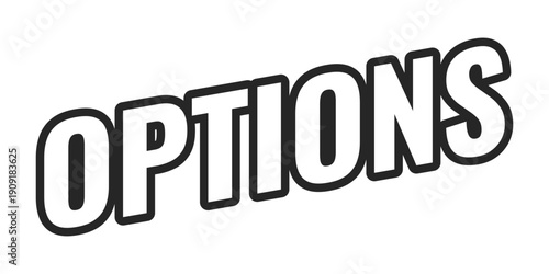 Options web button in bold black outline. Customizable settings. Adjust preferences. Configuration tool. User controls. Minimal uppercase text. Angled letters with white fill. UI UX. Oswald font used