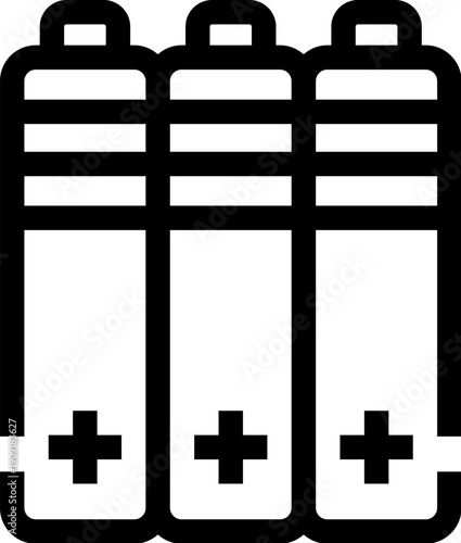 Three line art aa batteries providing a power supply, representing energy storage, electricity, and charging for various portable electronic products and gadgets