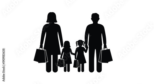 Silhouettes of a family shopping with bags on a white background