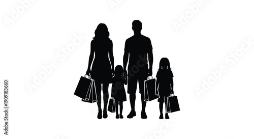 Silhouette of a family with shopping bags against a white background