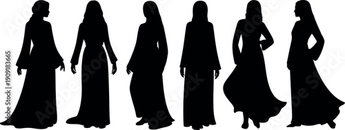 Diverse collection of womens silhouettes in long flowing traditional dresses isolated on a white background