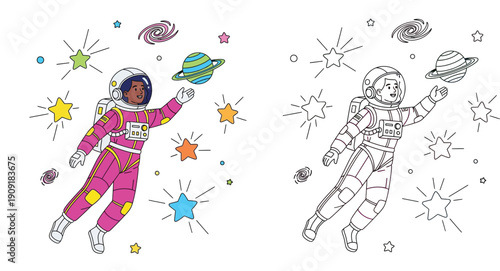 Cute female astronaut floating in space with stars and planets, vector illustration set showing colorful character and black and white outline for coloring book page or education.