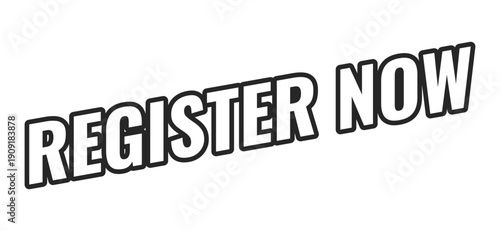 Register now web button in bold black outline. User registration open. Enrollment sign up. Quick event signup. Minimal uppercase text. Angled letters with white fill. UI UX. Oswald font used