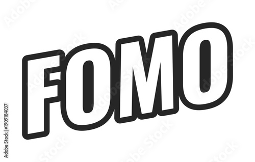 FOMO web button in bold black outline. Fear of missing out. Event hype. Sales urgency. Exclusive access. Stay updated. Minimal uppercase text. Angled letters with white fill. UI UX. Oswald font used