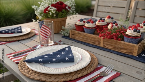 4th of July celebration table with food and decorations