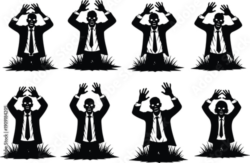 Business zombie silhouettes emerging from ground with raised hands, corporate horror concept illustrating undead workers, fear, stress, apocalypse metaphor in black and white illustration