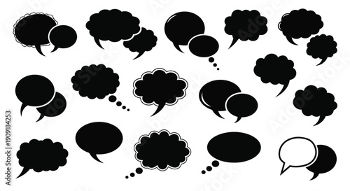 Collection of diverse black speech bubbles and thought clouds on white