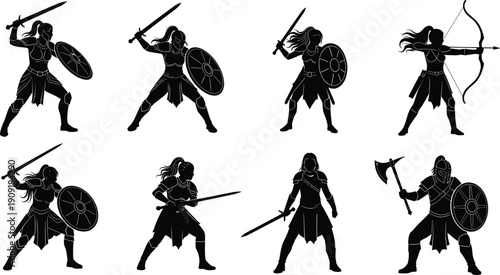 Female Warrior Silhouettes Collection Featuring Sword Shield Archer and Battle Axe Characters Isolated on White Background Vector Illustration Fantasy Combat Set