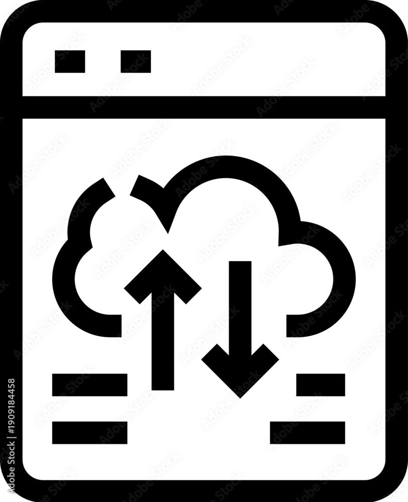 Fototapeta premium Desktop window displaying a cloud icon with synchronizing up and down arrows, representing data transfer, storage, and networking connection concepts for digital services