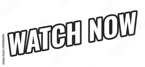 Watch now web button in bold black outline. Prompt to instant view video, livestream. Media play. Live stream. Minimal uppercase text. Angled letters with white fill. UI UX. Oswald font used