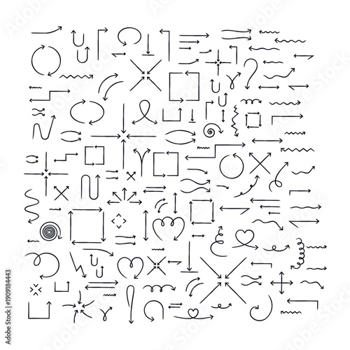 Various hand-drawn sketch arrow set. Doodle line pointers for direction and explainer content. Simple handdrawn symbols collection. Freehand clip arts. Editable vector overlay assets for social media