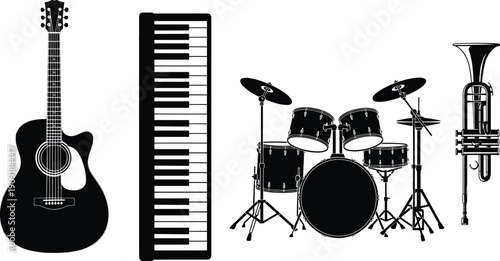 Musical Instruments Silhouettes Featuring Acoustic Guitar Piano Keyboard Drum Set and Trumpet Isolated on White Background Vector Illustration Collection
