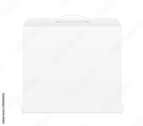 Carrying corrugated box case with plastic handle mockup. Front view. Vector illustration isolated on white background. Ready and simple to use for your design. EPS10.