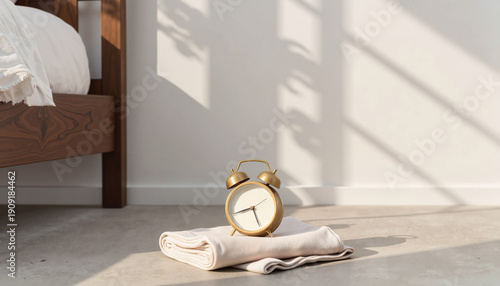 A vintage brass alarm clock with a bell sits on textured flooring next to the foot of a bed frame