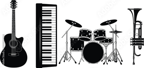 Musical Instruments Silhouettes Set with Acoustic Guitar Piano Keyboard Drum Kit and Trumpet Isolated on White Background Vector Illustration