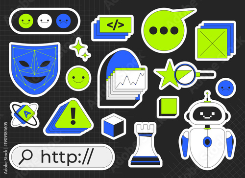 Tech UI and AI colorful die-cut sticker sheet. Interface elements. Code chart. Robot character. Web software. Flat cartoon collage design. Vector illustration. Labels pack for journaling, scrapbooking