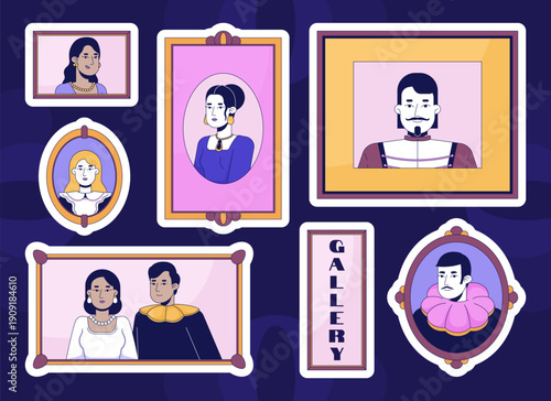 Vintage portrait gallery colorful die-cut sticker sheet. Aristocratic figures. Historical noble frames. Flat cartoon collage design. Vector illustration. Labels pack for journaling, scrapbooking