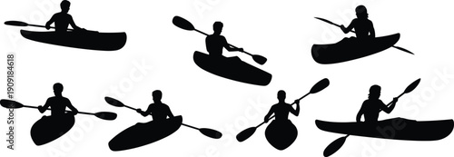 Collection of kayaker silhouettes isolated on white background, various kayaking poses and paddle angles, water sports activity illustration set for outdoor adventure design