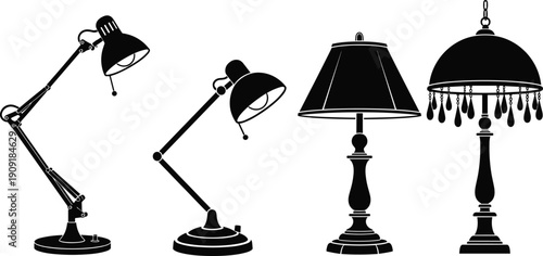 Set of Black Lamp Silhouettes Including Adjustable Desk Lamps and Classic Table Lamps Isolated on White Background Vector Illustration Collection Lighting Design Elements