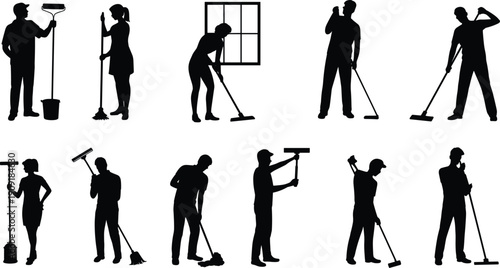 Collection of professional cleaner silhouettes isolated on white background, janitors mopping, sweeping and washing windows, housekeeping and sanitation service illustration set