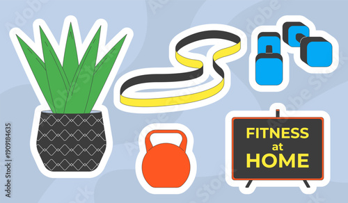 Home fitness and wellness colorful die-cut sticker sheet. Workout equipment. Indoor exercise. Sport motivation. Flat cartoon collage. Vector illustration. Labels pack for journaling, scrapbooking