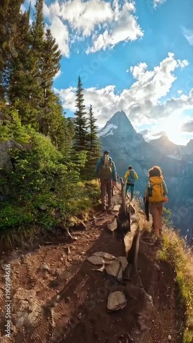 Wide-angle video shot of hikers on a mountain trail, capturing a scenic view and sunset, Live mobile wallpaper.
