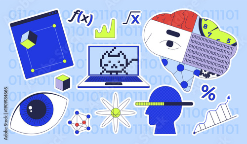 Data science and AI colorful die-cut sticker sheet. Artificial intelligence. Coding analysis. Math education. Flat cartoon collage design. Vector illustration. Labels pack for journaling, scrapbooking